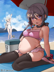 Rule 34 | 2girls, abyssal ship, akebono (kancolle), beach, beach towel, beach umbrella, bell, big belly, bikini, black thighhighs, blue sky, breasts, casual one-piece swimsuit, closed eyes, cloud, day, enemy naval mine (kancolle), flower, garter straps, grey hair, hair bell, hair between eyes, hair flower, hair ornament, hand on own stomach, highleg, highleg swimsuit, highres, jingle bell, kantai collection, long hair, medium breasts, multiple girls, ocean, official alternate costume, one-piece swimsuit, outdoors, outie navel, parted bangs, pregnant, purple bikini, purple eyes, purple hair, sagiri (kancolle), sand, side ponytail, sitting, sky, standing, swimsuit, thighhighs, towel, umbrella, very long hair, waving, white one-piece swimsuit, yuki to hana