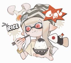 1girl :q beanie black_hat blonde_hair blunt_bangs blush bowl chopsticks commentary_request cracked_egg cropped_torso eating egg food food_on_face hat highres holding holding_bowl holding_chopsticks inkling inkling_(language) inkling_girl inkling_player_character long_hair looking_to_the_side nintendo onigiri pink_eyes pointy_ears red_pupils rice rice_bowl rice_on_face shirt short_sleeves solo sparkling_eyes splatoon_(series) splatoon_3 splatter_background suuuuk_z0 tentacle_hair tongue tongue_out wristband yellow_shirt yellow_wristband