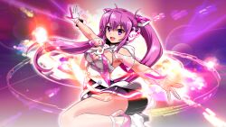 Rule 34 | 1girl, armpits, bare shoulders, beatmania, beatmania iidx, breasts, cleavage, goli matsumoto, hair between eyes, headphones, long hair, medium breasts, mizushiro celica, non-web source, official art, open hands, outstretched arms, pink eyes, pink hair, skirt, smile, solo, teeth, twintails, upper teeth only