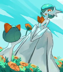 Rule 34 | 1girl, 1other, absurdres, arm up, blue hair, blue sky, bob cut, bowl cut, child, cloud, colored skin, creatures (company), day, dutch angle, elbow gloves, field, flat chest, flower, flower field, from behind, game freak, gardevoir, gen 3 pokemon, gloves, grass, hair over one eye, happy, highres, holding, holding flower, long skirt, looking at another, looking down, mega gardevoir, mega pokemon, muraisu, nintendo, one eye covered, open mouth, orange eyes, orange flower, outdoors, outstretched arm, own hands together, pokemon, pokemon (creature), ralts, short hair, skirt, sky, smile, topless, v arms, white gloves, white skin, white skirt