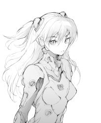 Rule 34 | 1girl, breasts, burningblossom, expressionless, from side, greyscale, hair behind ear, interface headset, long hair, looking at viewer, monochrome, neon genesis evangelion, pilot suit, plugsuit, small breasts, solo, souryuu asuka langley, two side up, upper body, white background
