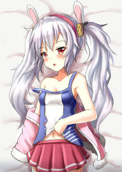 Rule 34 | 1girl, animal ears, azur lane, bed sheet, blush, breasts, camisole, cleavage, collarbone, commentary request, hair between eyes, hair ornament, hairband, highres, jacket, laffey (azur lane), long hair, looking at viewer, lying, navel, off shoulder, on back, open clothes, open jacket, parted lips, pink jacket, pleated skirt, prophosphere, rabbit ears, red eyes, red hairband, red skirt, silver hair, skirt, small breasts, solo, strap slip, twintails, very long hair, white camisole