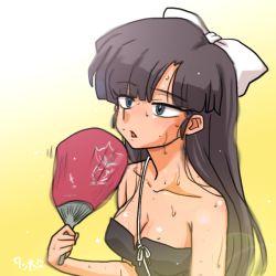 Rule 34 | 1girl, breasts, brown hair, cleavage, fanning face, fanning self, kuonji ukyou, medium breasts, open mouth, ranma 1/2, ribbon, romper, solo, sweat, wanta (futoshi)