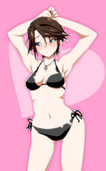 Rule 34 | 1girl, armpits, arms behind head, arms up, asurin, bikini, black bikini, blue eyes, blush, breasts, breasts apart, brown hair, cleavage, commentary request, cowboy shot, embarrassed, final fantasy, final fantasy viii, genderswap, genderswap (mtf), hair between eyes, jewelry, medium breasts, navel, necklace, outline, pink background, short hair, side-tie bikini bottom, simple background, solo, squall leonhart, swimsuit