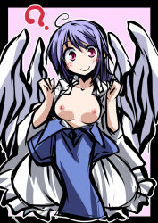 Rule 34 | 1girl, ahoge, blue hair, breasts, clothes pull, hemogurobin a1c, long hair, looking at viewer, nipples, pink eyes, sariel (touhou), shirt pull, smile, solo, touhou, touhou (pc-98), wings