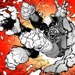 Rule 34 | 1boy, afterimage, angry, asura&#039;s wrath, asura (asura&#039;s wrath), blank eyes, highres, male focus, monochrome, open mouth, punching, red theme, solo, ssambatea, wide-eyed