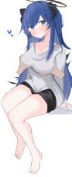 Rule 34 | 1girl, absurdres, arknights, barefoot, black hair, black horns, black shorts, blue eyes, blue hair, blush, breasts, closed mouth, disembodied hand, grabbing, grabbing another&#039;s breast, grey shirt, halo, highres, horns, incredibly absurdres, legs, long hair, long sleeves, looking at viewer, medium breasts, mostima (arknights), nui (nuinui0300), shirt, shorts, simple background, sitting, solo focus, thighs, toes, white background