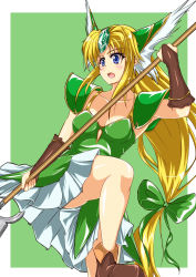Rule 34 | 1girl, absurdres, blonde hair, blue eyes, boots, bow, breasts, brown footwear, dress, forehead jewel, gloves, green bow, green dress, hair bow, helmet, highres, holding, holding weapon, long hair, low-tied long hair, polearm, riesz, sangyou haikibutsu a, seiken densetsu, seiken densetsu 3, solo, spear, very long hair, weapon