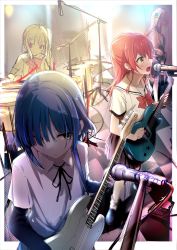 Rule 34 | 4girls, band, bass guitar, black ribbon, blonde hair, blue hair, bocchi the rock!, bow, bowtie, cable, collared shirt, covered face, cube hair ornament, drum, earrings, gotoh hitori, hair ornament, half updo, highres, ijichi nijika, instrument, jacket, jewelry, kirisawa saki, kita ikuyo, layered sleeves, loafers, long hair, long sleeves, microphone, microphone stand, mole, mole under eye, multiple girls, music, open mouth, parted lips, pink hair, pink jacket, playing instrument, red bow, red bowtie, red eyes, red hair, ribbon, sailor collar, school uniform, serafuku, shirt, shoes, short over long sleeves, short sleeves, side ponytail, singing, sketch, smile, socks, standing, sweat, track jacket, white sailor collar, white shirt, white socks, yamada ryo, yellow eyes