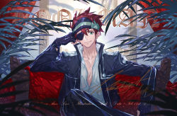 Rule 34 | 1boy, arsh (thestarwish), black gloves, black jacket, black pants, blurry foreground, closed mouth, d.gray-man, dress shirt, eyepatch, gloves, green eyes, head rest, headband, jacket, lavi, crossed legs, long sleeves, looking at viewer, male focus, open clothes, open jacket, open shirt, pants, red hair, shirt, sitting, smile, solo, spiked hair, white shirt