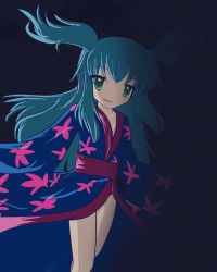 Rule 34 | 1girl, black background, blue hair, female focus, green eyes, japanese clothes, kimono, sashiromiya sasha, solo, standing, touhou, yukata