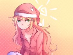 Rule 34 | 1girl, blonde hair, breasts, collarbone, commentary, english commentary, frown, green eyes, hair between eyes, hair ornament, hat, long hair, miru (rabi ribi), nightcap, no bra, off shoulder, pajamas, pom pom (clothes), rabi-ribi, small breasts, solo, speckticuls, upper body, x hair ornament