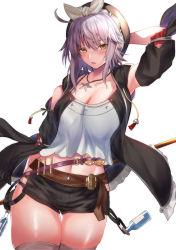 Rule 34 | 1girl, absurdres, arm behind head, atelier (series), atelier ryza, atelier ryza 1, belt, beret, black shorts, black vest, blush, breasts, camisole, cleavage, collarbone, cosplay, detached sleeves, fate/grand order, fate (series), hat, highres, jeanne d&#039;arc (fate), jeanne d&#039;arc alter (avenger) (fate), jeanne d&#039;arc alter (fate), jewelry, large breasts, looking at viewer, navel, necklace, open clothes, open mouth, open vest, reisalin stout, reisalin stout (cosplay), reon (dainagon azuki), ribbon, short hair, short shorts, shorts, sidelocks, silver hair, simple background, solo, star (symbol), star necklace, thighs, vest, white background, white camisole, white ribbon, yellow eyes