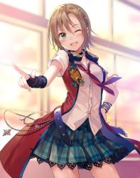 Rule 34 | 1girl, armpit peek, belt, blush, bracelet, brown hair, chain, coat, commentary request, day, earrings, emblem, fingerless gloves, fukahire (ruinon), gloves, green eyes, green skirt, hair ornament, hand on own hip, headphones, headphones around neck, idolmaster, idolmaster cinderella girls, idolmaster cinderella girls starlight stage, indoors, jewelry, lace, lace-trimmed skirt, lace trim, looking at viewer, necktie, one eye closed, open mouth, plaid, plaid skirt, pleated skirt, pointing, popped collar, red coat, red necktie, shirt, short hair, short sleeves, single glove, skirt, sleeveless, sleeveless coat, smile, solo, standing, star (symbol), star earrings, tada riina, white shirt, window, x hair ornament