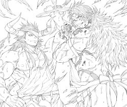Rule 34 | 2boys, apron, ass, bara, body markings, candy, chocolate, chocolate heart, draph, earrings, food, granblue fantasy, greyscale, heart, highres, holding, holding food, holding tray, horns, jewelry, large pectorals, male focus, monochrome, multiple boys, muscular, muscular male, nipples, official alternate costume, one eye closed, one eye covered, pectorals, pointy ears, reinhardtzar, smile, teeth, tray, wilnas (apron of ardor) (granblue fantasy), wilnas (granblue fantasy), zanki