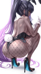 Rule 34 | 1girl, animal ears, ass, ass focus, back, black hair, black leotard, blue archive, breasts, dark-skinned female, dark skin, detached collar, facing away, fake animal ears, fake tail, fishnet pantyhose, fishnets, from behind, from side, glove pull, gloves, high heels, highres, karin (blue archive), karin (bunny) (blue archive), large breasts, leotard, long hair, pantyhose, playboy bunny, ponytail, profile, putting on gloves, rabbit ears, rabbit tail, sideboob, sidelocks, solo, squatting, tail, uenoryoma, very long hair, white gloves, yellow eyes