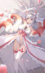 Rule 34 | 1girl, absurdres, animal ear fluff, animal ears, blue eyes, blush, breasts, bridal veil, bride, brooch, elbow gloves, falling petals, feet out of frame, fox ears, fox girl, fox tail, garter straps, gloves, gradient hair, heterochromia, highres, jewelry, kitsune, kyuubi, large breasts, looking at viewer, lying, milk (pixiv45069038), multicolored hair, multiple tails, navel, on back, original, parted lips, petals, red eyes, red hair, red ribbon, ribbon, solo, stomach, tail, tail ornament, tail ribbon, thigh gap, thighhighs, tiara, veil, white gloves, white hair, white ribbon, white thighhighs