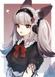 Rule 34 | 1girl, alternate costume, andou yuna, animal ears, arknights, black dress, black hairband, border, bow, bowtie, dress, enmaided, fang, fox ears, fox girl, frilled hairband, frills, frostleaf (arknights), hairband, headphones, highres, implied extra ears, long hair, looking at viewer, maid, open mouth, outside border, red background, red bow, red bowtie, red eyes, short sleeves, simple background, solo, twintails, twitter username, upper body, white border