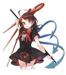 Rule 34 | 1girl, ahoge, asymmetrical wings, black dress, black hair, blush, bow, bowtie, cowboy shot, cropped legs, dress, full body, highres, holding, holding staff, houjuu nue, looking at viewer, parted lips, red bow, red bowtie, red eyes, short sleeves, simple background, smile, solo, staff, tis (shan0x0shan), touhou, white background, wings, wristband