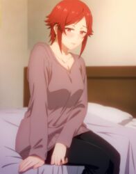 Rule 34 | 1girl, aizawa tomo, bed, blush, earrings, female focus, jewelry, pillow, red eyes, red hair, screencap, sitting, solo, stitched, third-party edit, tomo-chan wa onna no ko