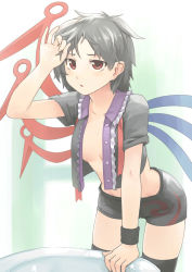 Rule 34 | 1girl, adjusting hair, asymmetrical wings, bad id, bad pixiv id, black hair, black thighhighs, breasts, female focus, gradient background, houjuu nue, kaito (k4itoh), messy hair, no bra, open clothes, open shirt, red eyes, shirt, short hair, short shorts, shorts, small breasts, solo, thighhighs, touhou, untied, wings, zettai ryouiki