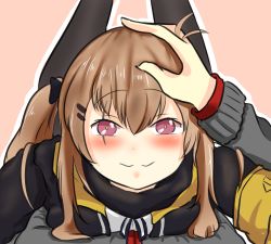 Rule 34 | 1boy, 1girl, :3, abineko97, armband, black jacket, black ribbon, blush, breast press, breasts, brown hair, collared jacket, feet up, girls&#039; frontline, hair ornament, hair ribbon, happy, headpat, highres, jacket, looking at another, looking at viewer, lying, lying on person, pantyhose, pov, red eyes, ribbon, scar, scar across eye, scar on face, shirt, smile, ump9 (girls&#039; frontline), white shirt