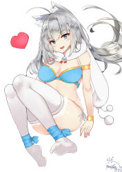 Rule 34 | 1girl, 2017, absurdres, ahoge, animal ears, ankle ribbon, armlet, arms at sides, bare shoulders, bikini, blue bikini, blue eyes, blue ribbon, blush, bracelet, breasts, brooch, cat ears, cleavage, commentary request, dated, fang, full body, fur, heart, highres, jewelry, lace, lace-trimmed legwear, lace trim, large breasts, leg ribbon, lips, long hair, looking at viewer, open mouth, original, peng yong, pink lips, pom pom (clothes), ribbon, side-tie bikini bottom, signature, silver hair, simple background, skindentation, smile, solo, string bikini, swimsuit, thighhighs, white background, white thighhighs