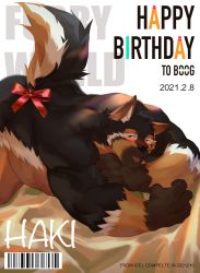 Rule 34 | 1boy, :p, absurdres, all fours, animal ear fluff, animal ears, bara, black fur, blush, borrowed character, brown eyes, brown fur, completely nude, dog boy, dog ears, dog tail, feet out of frame, furry, furry male, gift art, floral bow, gift wrapping, haki (boogbogex), happy birthday, highres, icelernd, looking at viewer, male focus, muscular, muscular male, nude, orange fur, original, short hair, solo, tail, tongue, tongue out, whiskers, white fur