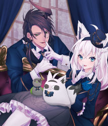Rule 34 | 1boy, 1girl, animal ears, aragami oga, black hair, black skirt, blue flower, blue jacket, blue rose, blush, braid, commentary request, couch, curtains, finger to mouth, flower, fox ears, fox girl, fox tail, frilled skirt, frills, gloves, green eyes, hair between eyes, hairband, hat, highres, hololive, holostars, horns, index finger raised, indoors, jacket, jinra (mkzk 116), long hair, long sleeves, looking at viewer, mini hat, miteiru (shirakami fubuki), monocle, open mouth, pantyhose, rose, shirakami fubuki, shirakami fubuki (aristocrat kei), shirt, sidelocks, single braid, single horn, sitting, skirt, swept bangs, tail, virtual youtuber, white gloves, white hair, white pantyhose, white shirt, window