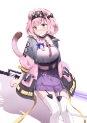 Rule 34 | 1girl, absurdres, animal ears, arknights, black hairband, blue bow, blush, bow, braid, breasts, cat ears, cat tail, commentary, feet out of frame, garter straps, goldenglow (arknights), hair bow, hairband, high-waist skirt, highres, jacket, large breasts, lightning bolt print, long hair, long sleeves, looking at viewer, miniskirt, nose blush, open clothes, open jacket, pink hair, purple skirt, shadow, shirt, shy, simple background, single braid, sitting, skirt, solo, tail, thighhighs, white background, white shirt, white thighhighs, yellow eyes, yinghuahua, zettai ryouiki