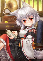Rule 34 | 1girl, animal ears, book, bridal gauntlets, cross-laced clothes, detached sleeves, flower, from side, hat, head tilt, holding, holding book, indoors, inubashiri momiji, kei kei, knees up, kourindou tengu costume, long sleeves, looking at viewer, obi, open book, phonograph, red eyes, ribbon-trimmed sleeves, ribbon trim, sash, scroll, silver hair, sitting, smile, solo, tail, tokin hat, touhou, wide sleeves, window, wolf ears, wolf tail