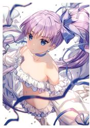 Rule 34 | 1girl, absurdres, bare shoulders, bikini, blue bow, blue choker, blue eyes, blurry, blurry background, blush, bow, bubble, choker, closed mouth, collarbone, depth of field, earrings, fate/grand order, fate (series), frilled bikini, frills, from above, groin, hair between eyes, hair bow, high ponytail, highres, jewelry, long hair, long sleeves, looking at viewer, meltryllis, meltryllis (fate), meltryllis (swimsuit lancer) (fate), navel, prosthesis, prosthetic leg, puffy long sleeves, puffy sleeves, purple hair, rosuuri, scan, side ponytail, simple background, sleeves past fingers, sleeves past wrists, solo, stomach, swimsuit, tsurime, very long hair, water drop, watermark, web address, white background, white bikini