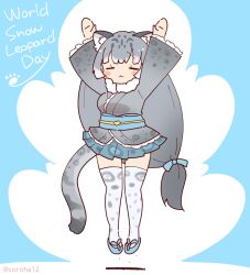 Rule 34 | 1girl, animal ears, animal print, arms up, blue background, coroha, extra ears, full body, grey hair, japanese clothes, jumping, kemono friends, kimono, leopard ears, leopard girl, leopard print, leopard tail, long hair, looking at viewer, ribbon, sandals, simple background, skirt, snow leopard (kemono friends), solo, tail, thighhighs, zouri