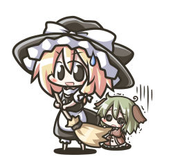 2girls @_@ animal_ears aoblue blonde_hair blush bow chibi dress female_focus green_hair hair_bow hat kasodani_kyouko kirisame_marisa multiple_girls open_mouth ribbon short_hair smile touhou witch witch_hat