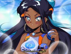 Rule 34 | 1990s (style), 1girl, absurdres, alilu-chan, armband, artist name, bare shoulders, black hair, blue eyes, blue hair, blush, commentary, creatures (company), dark-skinned female, dark skin, earclip, english commentary, english text, eyes visible through hair, game freak, glint, gym leader, highres, holding, holding poke ball, jewelry, long hair, looking at viewer, multicolored hair, nessa (pokemon), nintendo, parted lips, pendant, poke ball, pokemon, pokemon swsh, retro artstyle, shirt, sleeveless, sleeveless shirt, solo, sparkle, subtitled, twitter username, two-tone hair, upper body, v-shaped eyebrows