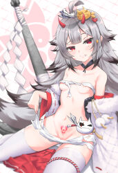 Rule 34 | 1girl, ahoge, azur lane, bare shoulders, black hair, blush, breasts, closed mouth, coat, collarbone, fang, fur-trimmed coat, fur trim, gradient hair, grey hair, hair ornament, heart, heart-shaped pupils, hibiki (azur lane), highres, horns, long hair, looking at viewer, multicolored hair, navel, off shoulder, open clothes, open coat, otakummm, pleated skirt, pubic tattoo, pussy, pussy peek, red hair, red horns, red skirt, sakura empire (emblem), sarashi, skirt, small breasts, solo, stomach, symbol-shaped pupils, tattoo, thighhighs, torn clothes, very long hair, white coat, white thighhighs