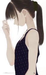 Rule 34 | 1girl, arm at side, bare shoulders, black hair, bra, bra peek, closed mouth, dress, eyelashes, from side, frown, hair ornament, hair scrunchie, hand up, highres, holding, holding own hair, junito715, looking at hand, looking away, original, ponytail, pout, print dress, profile, scrunchie, signature, sleeveless, sleeveless dress, underwear, upper body
