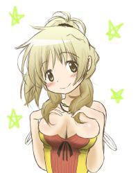 Rule 34 | 1girl, blush, breasts, hands on own chest, hidamari sketch, large breasts, miyako (hidamari sketch), smile, solo, star (symbol), strap slip, wa (genryusui), white background