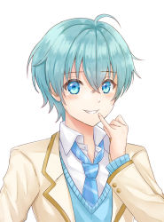 Rule 34 | 1boy, ahoge, blazer, blue eyes, blue hair, blue necktie, blue sweater, brown jacket, collared shirt, commentary request, diagonal-striped clothes, diagonal-striped necktie, diagonal-striped neckwear, grin, hand up, jacket, koron (niconico), looking at viewer, male focus, necktie, open clothes, open jacket, shirt, simple background, smile, solo, strawberry prince, striped clothes, striped necktie, striped neckwear, sunameri (pixiv3564245), sweater, upper body, white background, white shirt