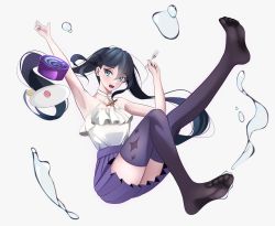 Rule 34 | 1girl, absurdres, alternate costume, black hair, black thighhighs, blue eyes, blue skirt, collarbone, contemporary, food, fork, frilled shirt, frills, genshin impact, halterneck, highres, holding, holding fork, hyafumi, looking to the side, macaron, mona (genshin impact), open mouth, plate, shirt, shirt tucked in, skirt, soles, solo, thighhighs, twintails, water, white shirt