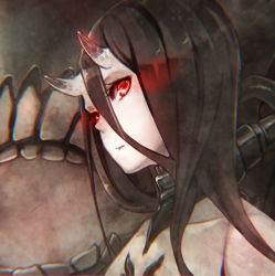 Rule 34 | 10s, 1girl, abyssal ship, bad id, bad pixiv id, bare shoulders, battleship princess, black hair, glowing, glowing eyes, horns, kantai collection, long hair, pale skin, portrait, red eyes, skin-covered horns, solo, teroru