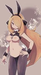 Rule 34 | 1girl, animal ears, bad id, bad pixiv id, bare shoulders, black legwear, black panties, black vest, blonde hair, bow, bowtie, breastless clothes, breasts, closed mouth, collarbone, creatures (company), crop top, cynthia (pokemon), detached collar, fake animal ears, fake tail, female focus, game freak, grey background, grey eyes, hair ornament, hair over one eye, hairband, hand on own hip, happy, highres, lamb-oic029, large breasts, long hair, meme attire, navel, nintendo, nipples, outline, panties, pokemon, pokemon dppt, rabbit ears, rabbit tail, reverse bunnysuit, reverse outfit, shiny skin, simple background, smile, solo, standing, stomach, striped bow, striped bowtie, striped clothes, striped neckwear, tail, underwear, very long hair, vest, white outline, wristband