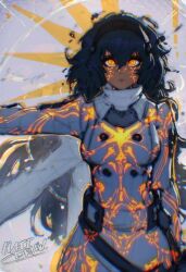 1girl artist_name belt belt_buckle blue_hair breasts buckle buttons chromatic_aberration collared_coat curly_hair dark-skinned_female dark_skin double-breasted expressionless extra_arms eyelashes eyeshadow facial_mark genderswap genderswap_(mtf) glowing glowing_eyes glowing_markings hair_between_eyes halo halo_behind_head hatidraw highres jacket long_hair looking_at_viewer makeup medium_breasts metal_hairband metaphor:_refantazio outstretched_arm parted_lips plaid_clothes plaid_jacket protagonist_(metaphor:_refantazio) signature solo standing star_halo straight-on very_long_hair white_jacket yellow_eyes