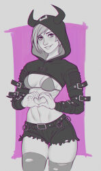 Rule 34 | 1girl, bikini, bikini top only, breasts, commentary, cowboy shot, cropped hoodie, effy neprin, english commentary, fake horns, freckles, greyscale, heart, heart hands, highres, hood, hoodie, horns, medium breasts, moira burton, monochrome, parted lips, resident evil, resident evil: revelations 2, short hair, short shorts, shorts, smile, solo, spot color, swimsuit, thighhighs, torn clothes, torn thighhighs