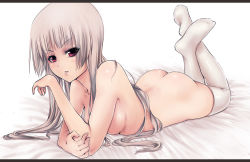 Rule 34 | 1girl, arm support, ass, blonde hair, breasts, lying, nude, on stomach, original, red eyes, solo, thighhighs, weyowang