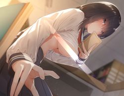 Rule 34 | 1girl, black eyes, black hair, black skirt, book, breasts, chair, commentary request, from below, go-1, highres, holding, holding book, indoors, large breasts, library, long sleeves, looking at viewer, looking down, no bra, original, parted lips, pleated skirt, school uniform, serafuku, shirt, sitting, skirt, skit, solo, underboob, white shirt