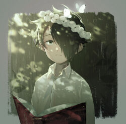 Rule 34 | 1boy, awarin, black hair, book, border, bug, butterfly, closed mouth, collared shirt, grey border, hair over one eye, head wreath, highres, insect, leaf, male focus, neck tattoo, number tattoo, open book, outside border, ray (yakusoku no neverland), shirt, solo, tattoo, white butterfly, white shirt, yakusoku no neverland