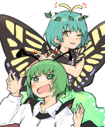 Rule 34 | 2girls, antennae, aqua hair, black cape, blush, butterfly wings, cape, collared shirt, dress, eternity larva, fairy, ginnkei, green dress, green eyes, green hair, hair between eyes, highres, insect wings, leaf, leaf on head, long sleeves, multicolored clothes, multicolored dress, multiple girls, one eye closed, open mouth, shirt, short hair, simple background, smile, touhou, white background, white shirt, wings, wriggle nightbug, yellow eyes