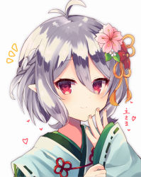 Rule 34 | 1girl, antenna hair, blush, braid, closed mouth, commentary request, ebihara beniko, flower, green kimono, grey background, hair between eyes, hair flower, hair ornament, hand up, heart, highres, japanese clothes, kimono, kokkoro (new year) (princess connect!), kokkoro (princess connect!), long sleeves, notice lines, pink flower, pointy ears, princess connect!, red eyes, red flower, ribbon-trimmed sleeves, ribbon trim, simple background, sleeves past wrists, smile, solo, split mouth, translation request, white flower