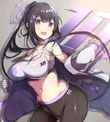 Rule 34 | 1girl, absurdres, bad id, bad pixiv id, bike shorts, black hair, blue archive, breasts, choker, closed mouth, crop top, flower, green choker, hair flower, hair ornament, happy, highres, light blush, long hair, looking at viewer, midriff, open mouth, papion, ponytail, purple eyes, sumire (blue archive)